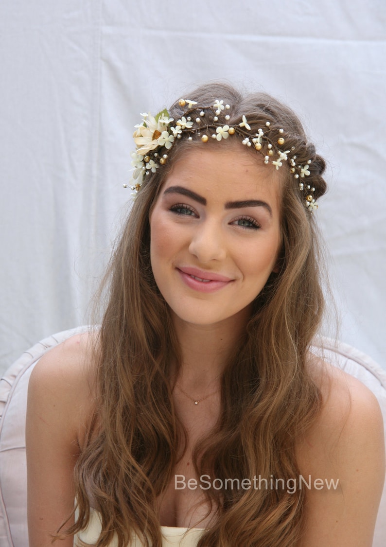 Rustic Floral Hair Vine of Ivory Daisies and Pearls, boho Daisy Flower Crown Wedding Headpeice image 3