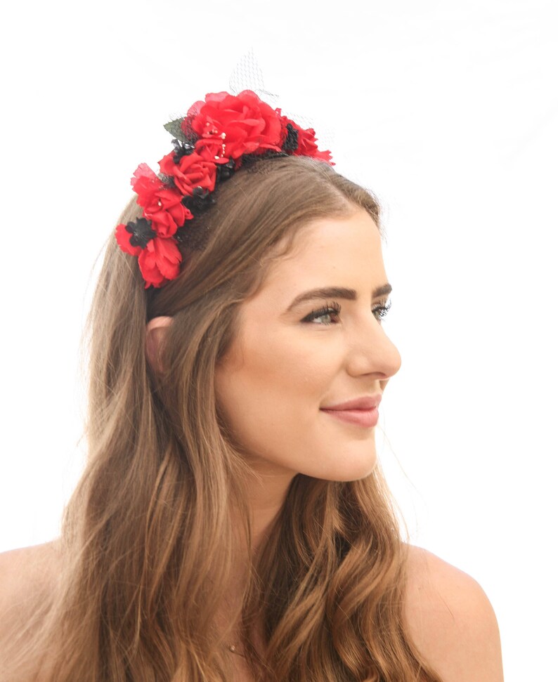 Day Of the Dead Headband Red Roses and Black netting Halloween Hair Accessory Corona de Flores Costume Mexico Mexican Flower Crown
