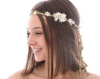 Boho Twine Flower Crown: Green Leaves & White Flowers Wedding Headband