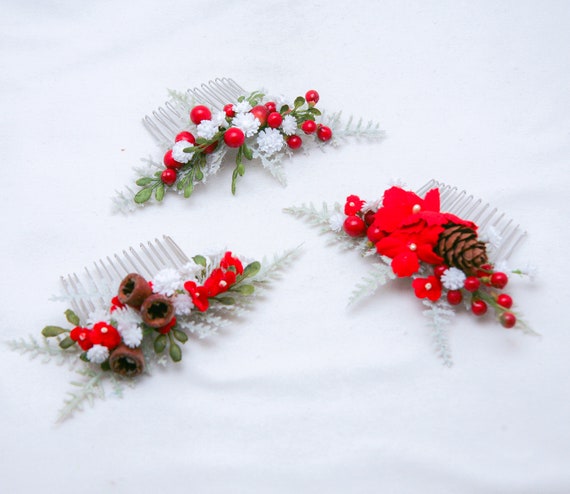 Christmas Hair Combs With Red Flowers White Greenery and Pine