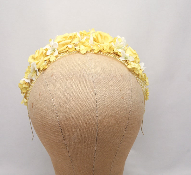 Mustard Yellow and Ivory Flower Crown with Vintage Flowers and Netting Wedding Bridal Headband Spring boho Wedding image 9