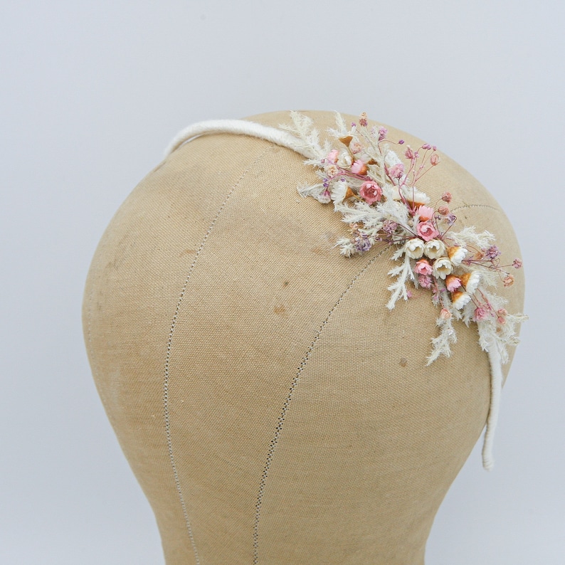 Dried Flower Headband in Pink and Ivory, with Babies Breath, Flower Girl Wedding Headpiece image 2