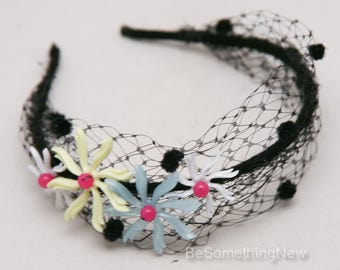 Black Net Headband with Vintage Flowers, Colorful Floral Headband, Bohemian Hair Accessory Vintage Hair Accessory