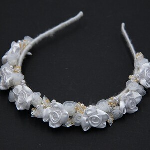 White Wedding Flower Crown made with Vintage Satin Flowers and beaded Leaves, Bridal Headband