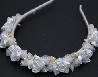 White Wedding Flower Crown made with Vintage Satin Flowers and beaded Leaves, Bridal Headband