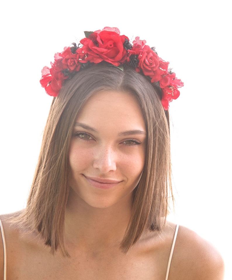 Day Of the Dead Headband Red Roses and Black netting Halloween Hair Accessory Corona de Flores Costume Mexico Mexican Flower Crown