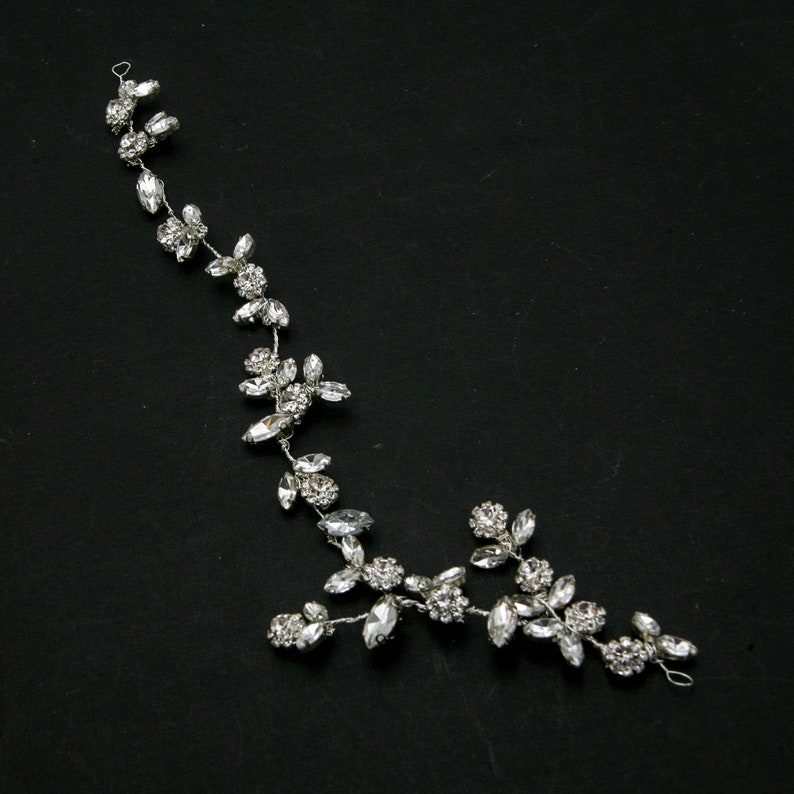 Rhinestone Wired Hair Vine, Wedding Headpiece of Rhinestone Flowers and Leaves 画像 6