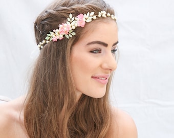 Pink and Green Flower Crown with Hand painted Leaves and Silk Flowers Boho Wedding Hair Accessory