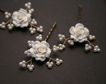 Flower Hair Pins with Wired Pearls, Wedding Hair Accessories Flower Bobbie Pin Set