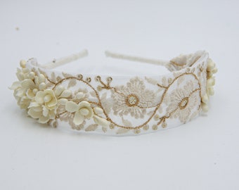 Wide Lace Wedding  Headband with Flowers in Gold and Ivory