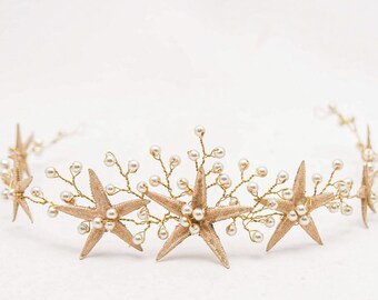 Gold Starfish Wedding Crown: Beaded Mermaid Bridal Headpiece