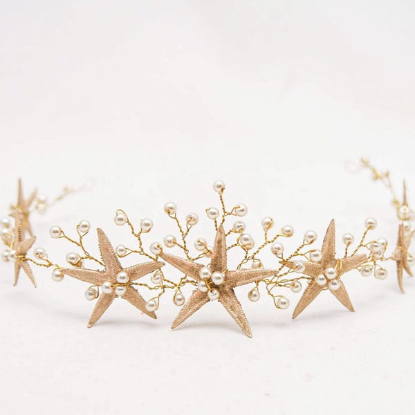 Gold Starfish Wedding Crown: Beaded Mermaid Bridal Headpiece
