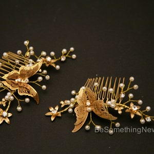 Gold Butterfly Comb, Beaded Golden Boho Hair Comb Gold Wedding Hair Comb, Metal Flower and Butterfly Beaded Comb set image 4