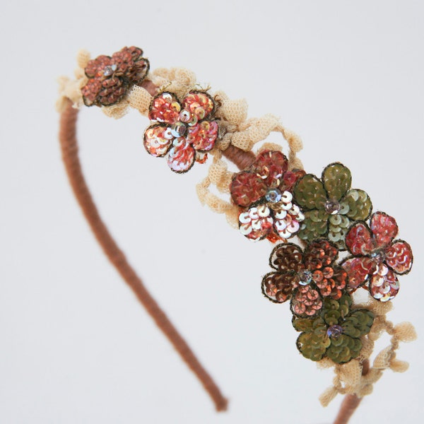 spring flower headband of vintage lace and beaded flowers