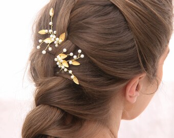 Gold Leaf Bridal Hair Pins Wedding Hair Accessories, Bridal Hair Pins Pearl and Golden Leaf Bobby Pins Hair Clips Bridesmaids Hair Accessory