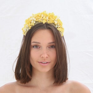 Mustard Yellow and Ivory Flower Crown with Vintage Flowers and Netting Wedding Bridal Headband Spring boho Wedding