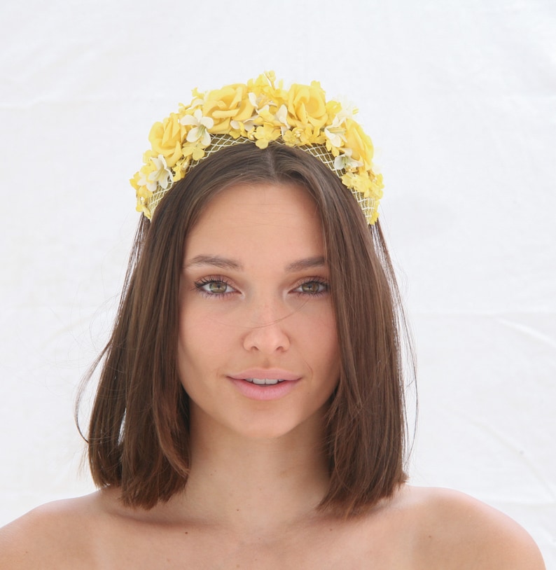 Mustard Yellow and Ivory Flower Crown with Vintage Flowers and Netting Wedding Bridal Headband Spring boho Wedding