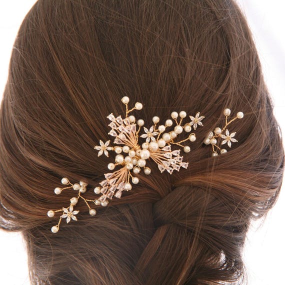 Gold Rhinestone Pearl Hair Comb Set: Wedding Hair Accessory  display picture 1