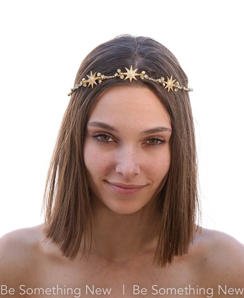 Gold Wedding Headpiece with Golden Stars and Rhinestones, Celestial Wedding Boho Wired Gold Tiara Hair Accessory, hair band of wired rhinestones and gold stars