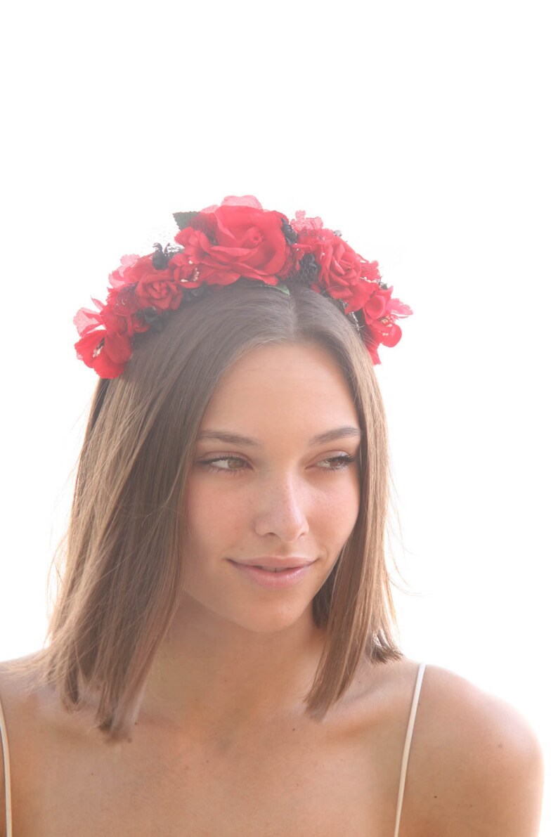 Day Of the Dead Headband Red Roses and Black netting Halloween Hair Accessory Corona de Flores Costume Mexico Mexican Flower Crown