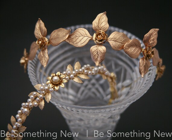 Gold Metal Leaf Headband: Champagne Pearl Boho Wedding Tiara  display picture 1