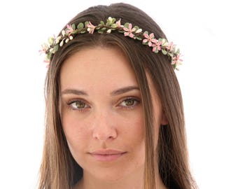 Pink Flower Crown: Wedding Floral Headband with Ivory Ribbons
