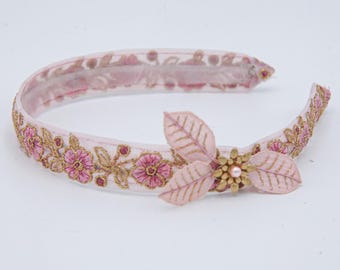 Pink Embroidered Trim and Gold Flower Headband, Bridesmaids Hair Wedding Headpiece