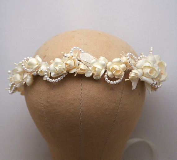 フランス アンティーク パウダーブルーのデイジーの花冠 布花 コサージュ