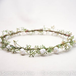 Small Greenery Wreath Bridesmaids Flower Crown with white flowers and Natural Greens Boho Wedding Hair