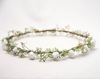 Small Greenery Wreath Bridesmaids Flower Crown with white flowers and Natural Greens Boho Wedding Hair