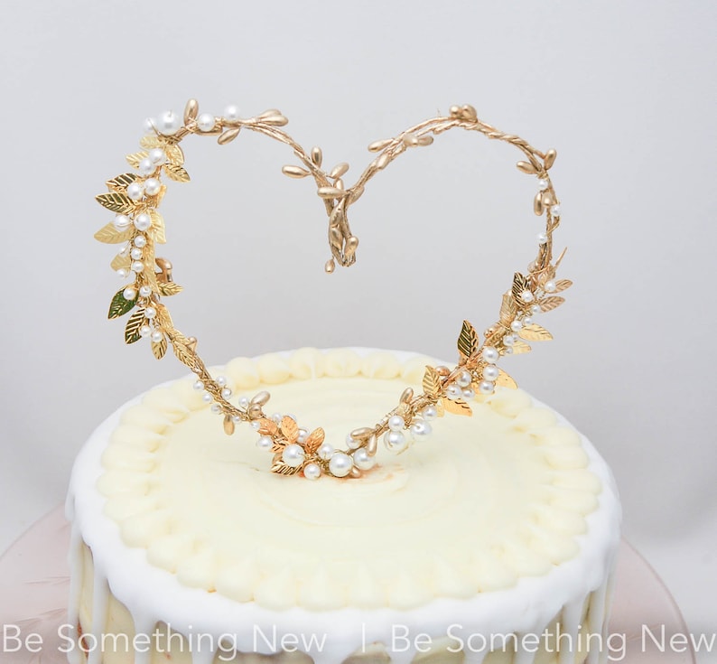 Gold Heart and Metal Leaf Wedding Cake Toper Twisted Berry golden Rustic Heart Wedding Decor Metal leaves image 8