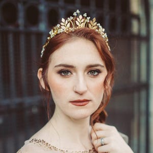 Gold Woodland Wedding Crown: Leaves, Flowers, and Pearls Bridal Tiara