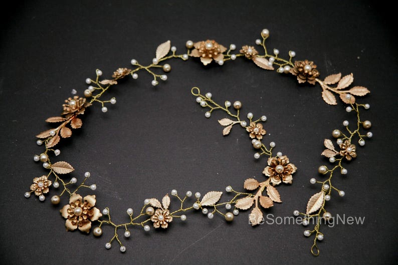 Long Gold Wedding Hair Vine of Wired Pearls and Metal Flowers and Leaves, Bridal Headpiece Gold Hair Wrap, Hair Jewelry Metal Flower Tiara image 3