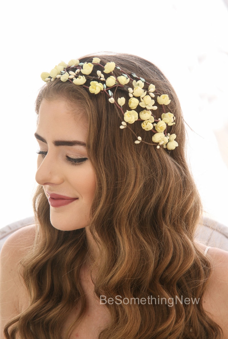 Yellow Flower Crown, Vintage Floral Headband Boho Wedding Headpiece of Vintage Flowers Bridal Flower Wreath in Yellow Blue Pink or Ivory