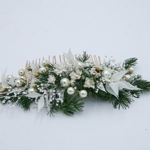 Wedding Flower Hair Comb of Preserved Greenery, Dried Flowers and Dried Leaves with Wired Pearls in Green and Ivory image 2