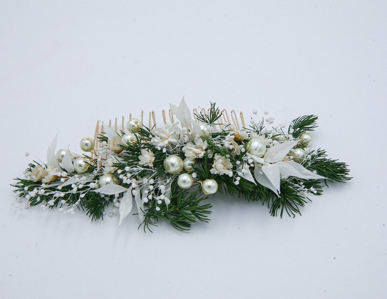 Wedding Flower Hair Comb of Preserved Greenery, Dried Flowers and Dried Leaves with Wired Pearls in Green and Ivory image 2