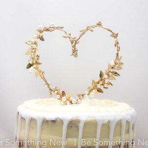 Gold Heart and Metal Leaf Wedding Cake Toper Twisted Berry golden Rustic Heart Wedding Decor Metal leaves image 7