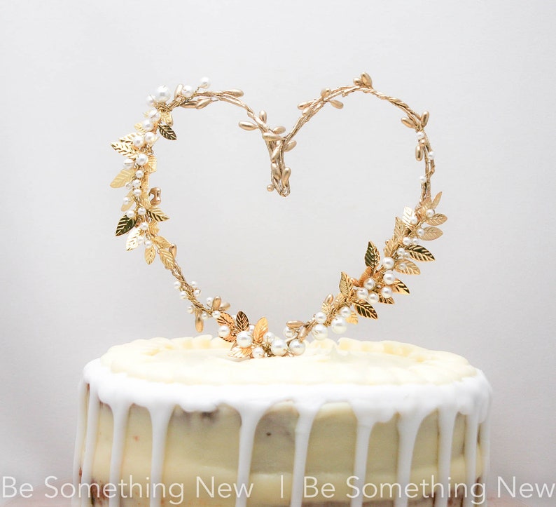 Gold Heart and Metal Leaf Wedding Cake Toper Twisted Berry golden Rustic Heart Wedding Decor Metal leaves image 7