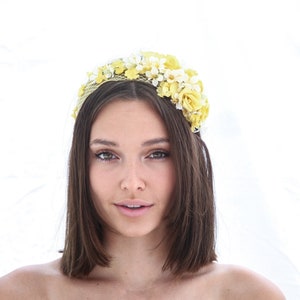 Mustard Yellow and Ivory Flower Crown with Vintage Flowers and Netting Wedding Bridal Headband Spring boho Wedding image 5