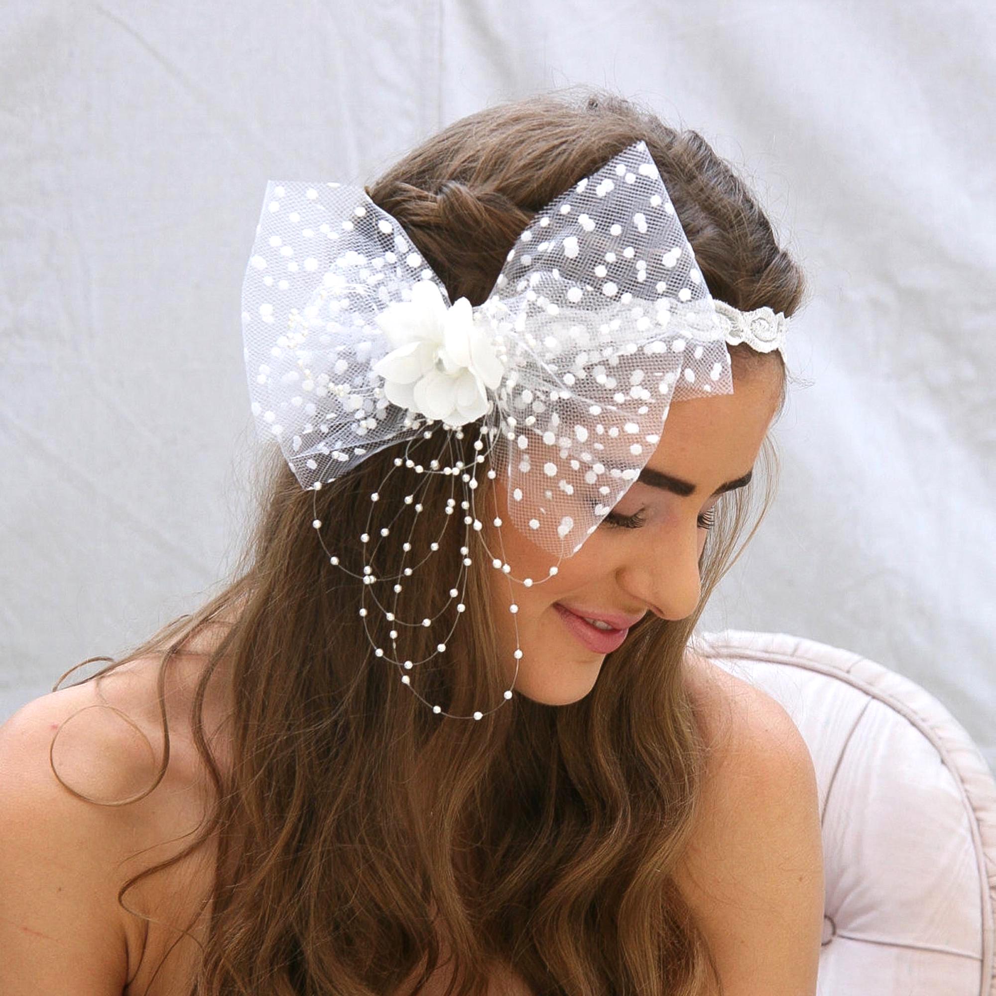 Dotted Veil Bow Headband: Pearl Flower Girl or Bachelorette Party