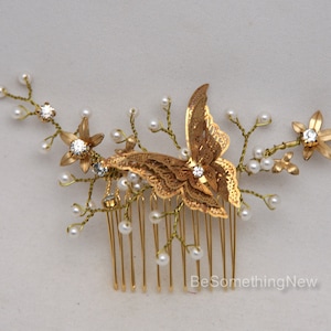 Gold Butterfly Comb, Beaded Golden Boho Hair Comb Gold Wedding Hair Comb, Metal Flower and Butterfly Beaded Comb set image 3