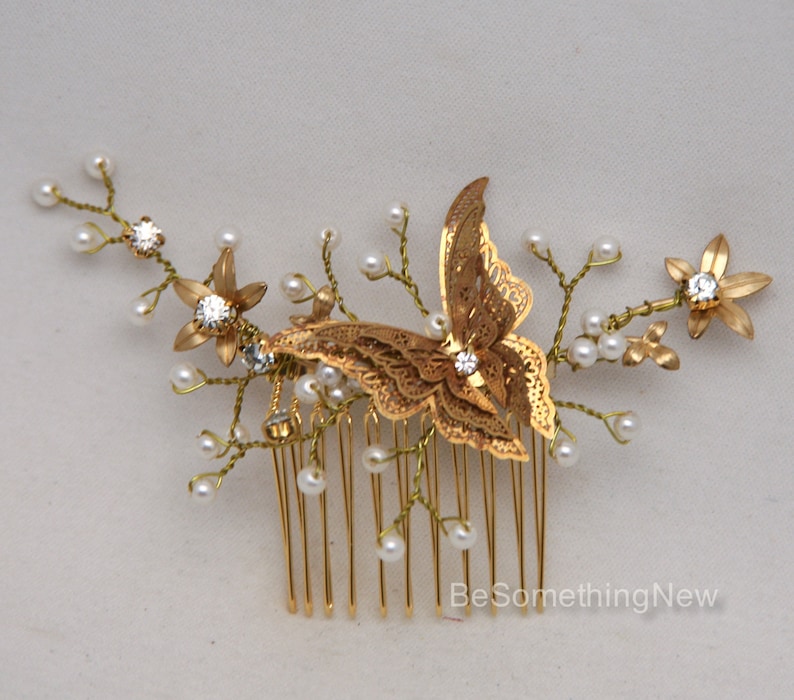 Gold Butterfly Comb, Beaded Golden Boho Hair Comb Gold Wedding Hair Comb, Metal Flower and Butterfly Beaded Comb set image 3