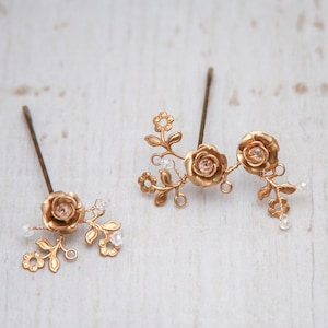 Brass and Gold Flower Hair Pin Set, Hair Accessories for Weddings