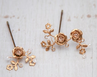 Brass and Gold Flower Hair Pin Set, Hair Accessories for Weddings