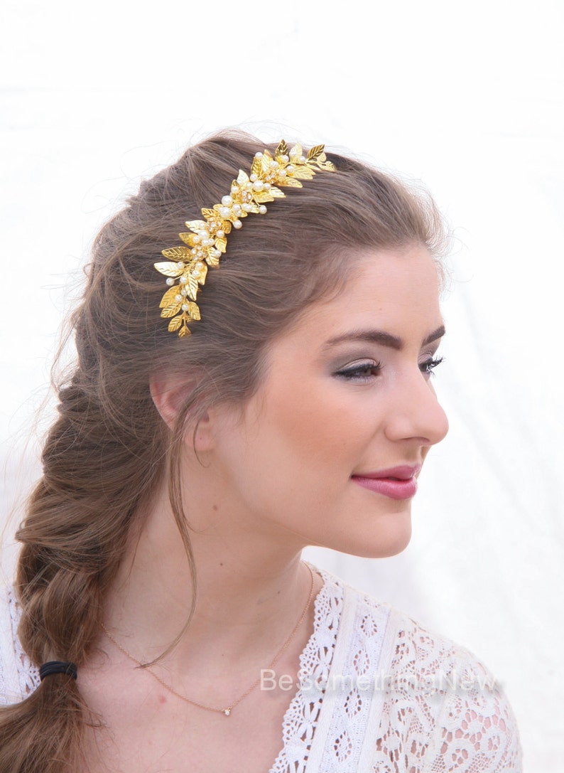 Wedding Decorative Comb Gold Leaf and Pearl Bridal Hair Comb, Grecian Leaf Wedding Hair Comb Brass Bridesmaids Hair Decoration, Laurel Leaf image 5