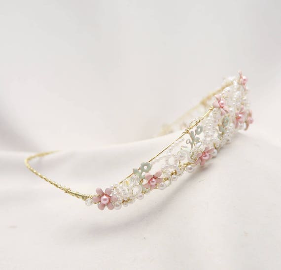 Vintage Wedding Crown with Blush Pink Flowers Bea… - image 10