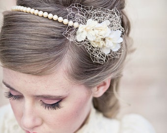 Wedding Hair Vintage Romance Pearl Headband or Wedding Tiara with Birdcage Netting, Pearl Wedding Headband, Vintage Bridal Headpiece