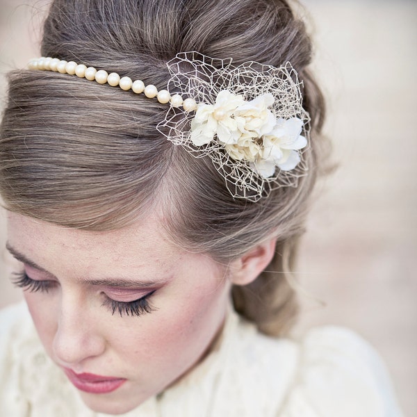 Wedding Hair Vintage Romance Pearl Headband or Wedding Tiara with Birdcage Netting, Pearl Wedding Headband, Vintage Bridal Headpiece