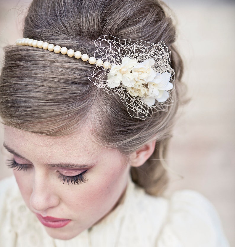 Wedding Hair Vintage Romance Pearl Headband or Wedding Tiara with Birdcage Netting, Pearl Wedding Headband, Vintage Bridal Headpiece 