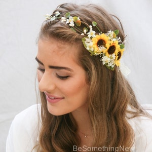 Sunflower Flower Crown with Green Leaves and Babies Breath Wedding Hair, Boho Halo